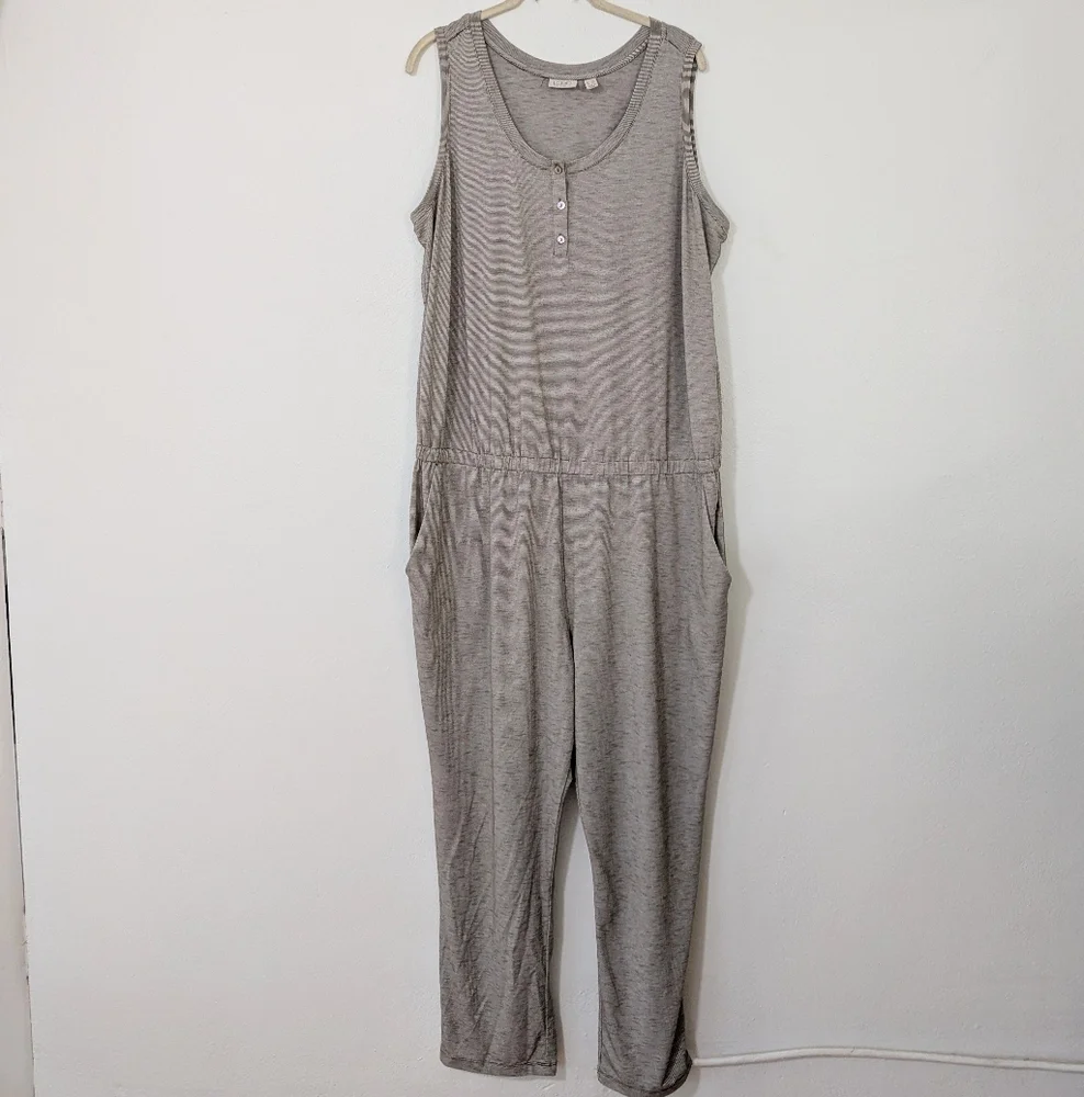 LOGO Lori Goldstein Striped Henley Sleeveless Jumpsuit Space Dye Beige Black 1X